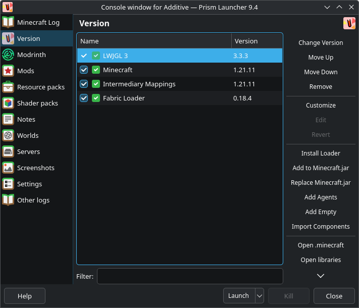Penguin Launcher screenshot showing the instance management user-interface