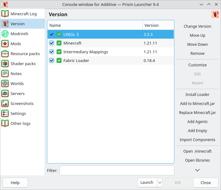 Penguin Launcher screenshot showing the instance management user-interface