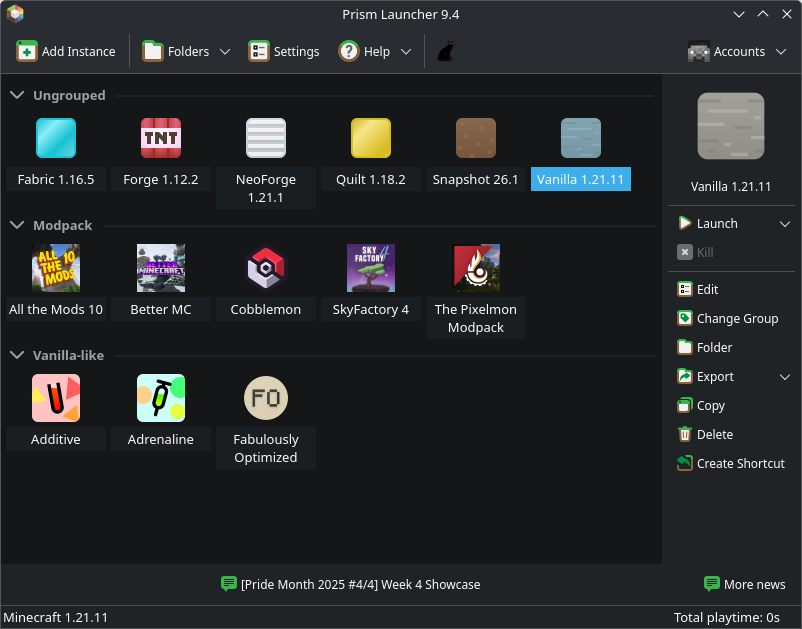 Penguin Launcher screenshot showing off various different modpacks and instances