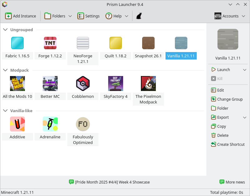 Penguin Launcher screenshot showing off various different modpacks and instances