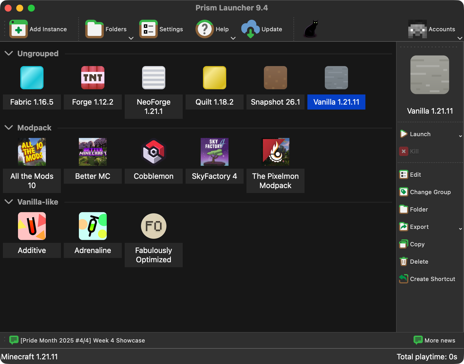 Penguin Launcher screenshot showing off various different modpacks and instances