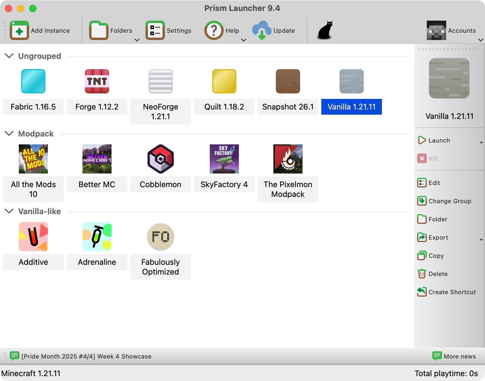 Penguin Launcher screenshot showing off various different modpacks and instances