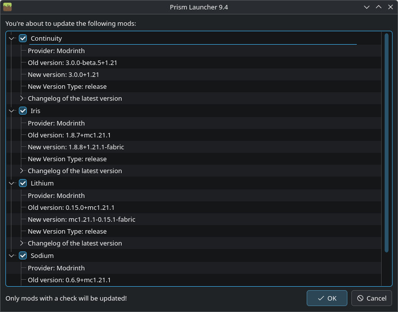 Penguin Launcher screenshot showing the mod updating user-interface