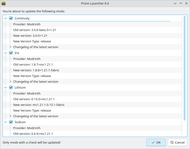 Penguin Launcher screenshot showing the mod updating user-interface