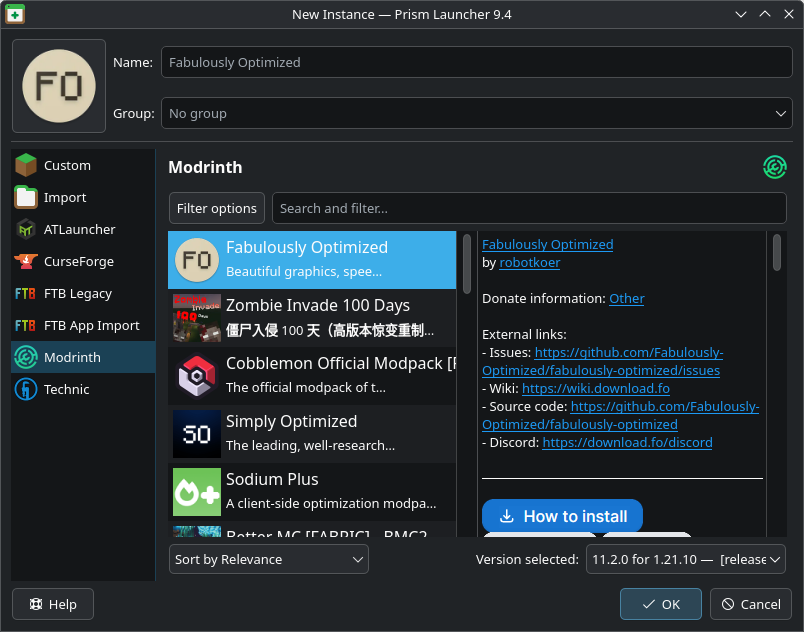 Penguin Launcher screenshot showing the modpack installation user-interface