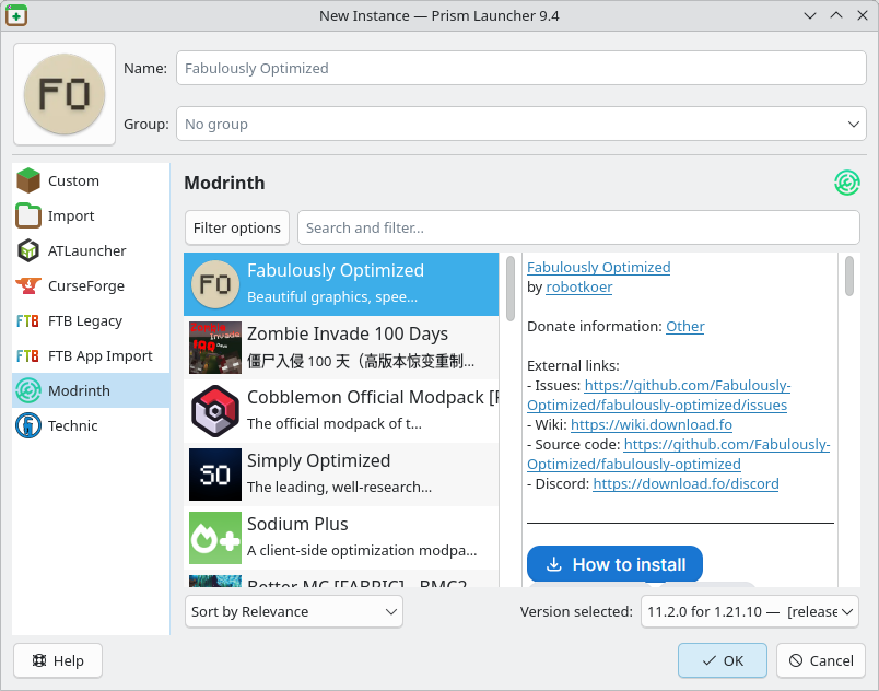 Penguin Launcher screenshot showing the modpack installation user-interface