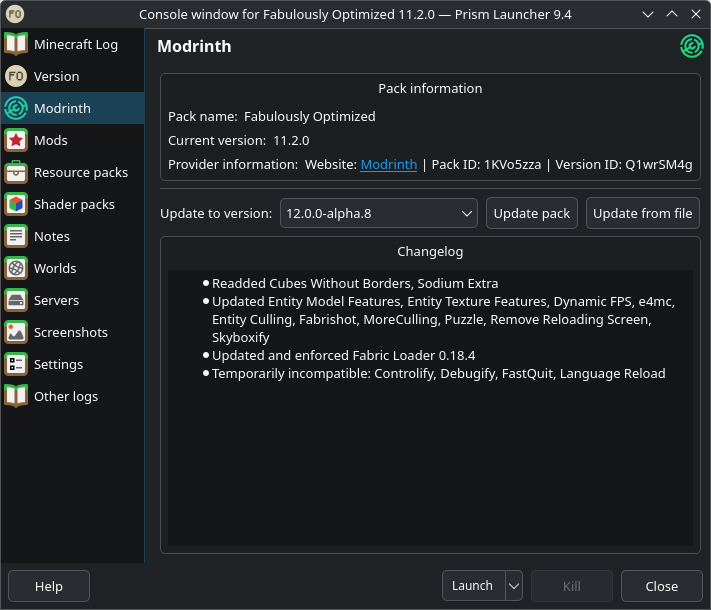 Penguin Launcher screenshot showing the modpack updating user-interface