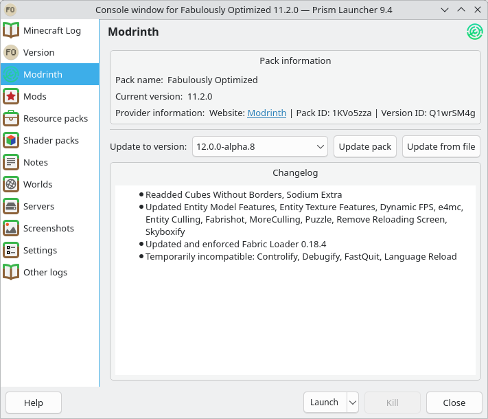 Penguin Launcher screenshot showing the modpack updating user-interface