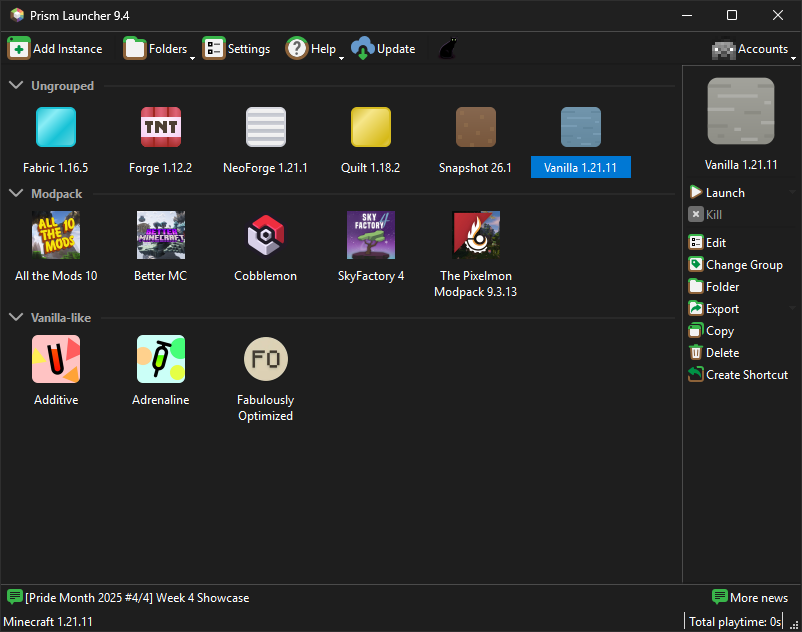 Penguin Launcher screenshot showing off various different modpacks and instances