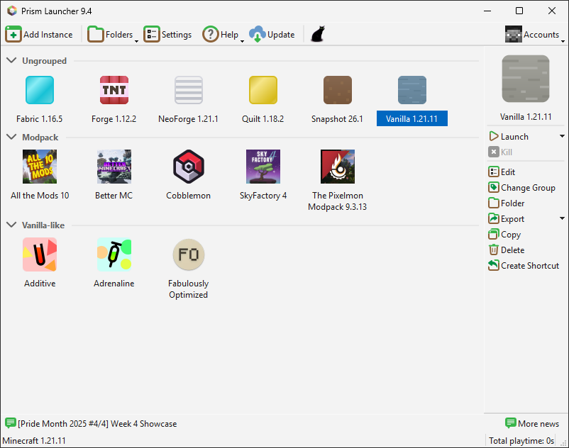 Penguin Launcher screenshot showing off various different modpacks and instances