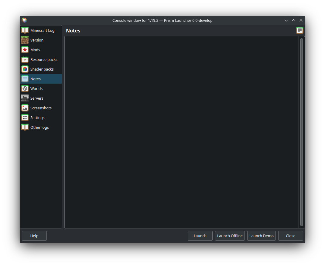 Notes tab under PenguinLauncher Instances