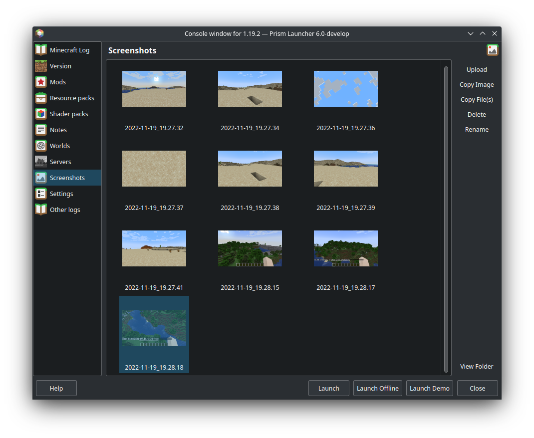 Screenshots tab under PenguinLauncher Instances