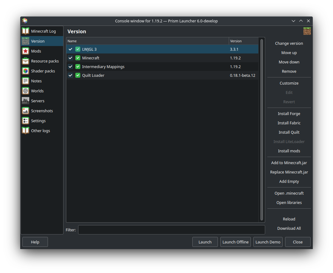 Version tab under PenguinLauncher Instances