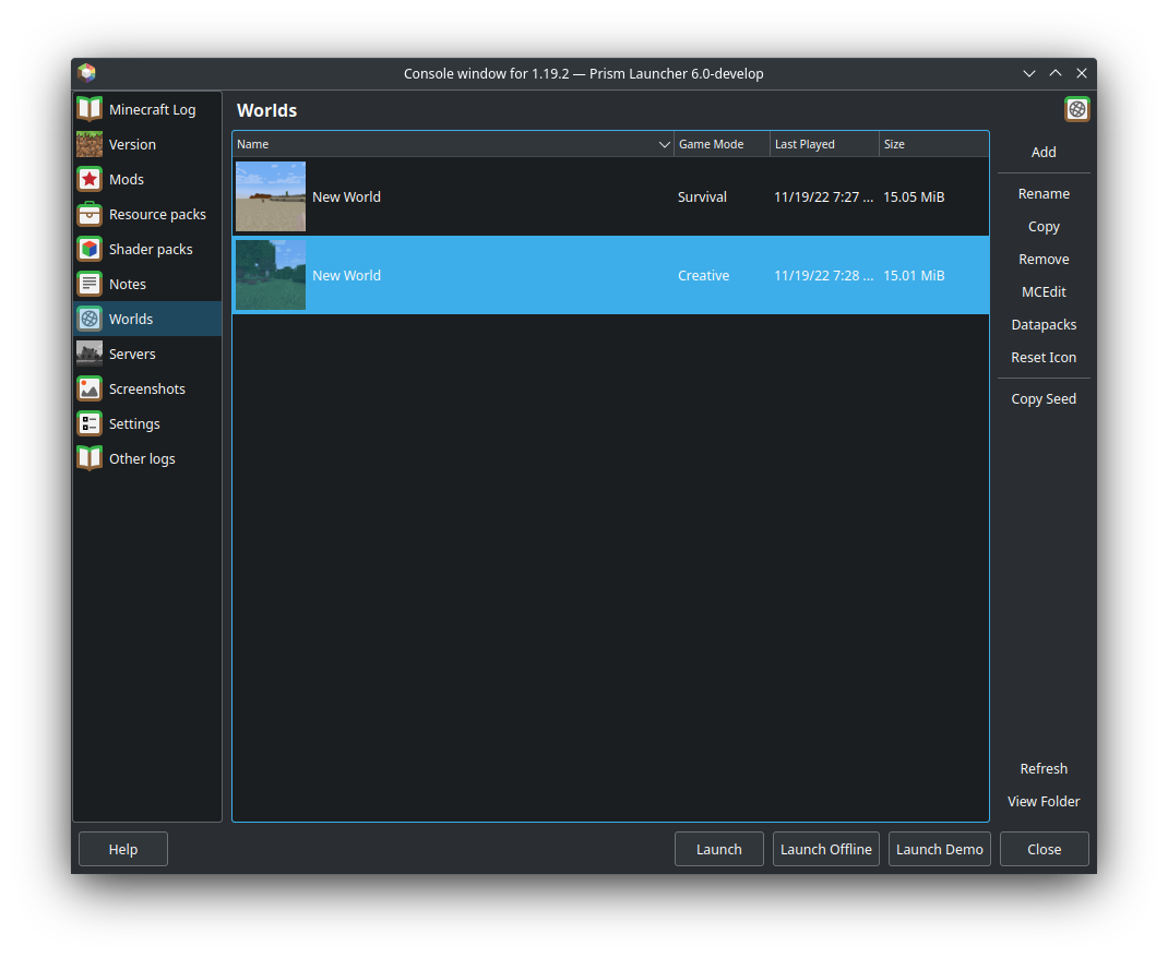 Worlds tab under PenguinLauncher Instances