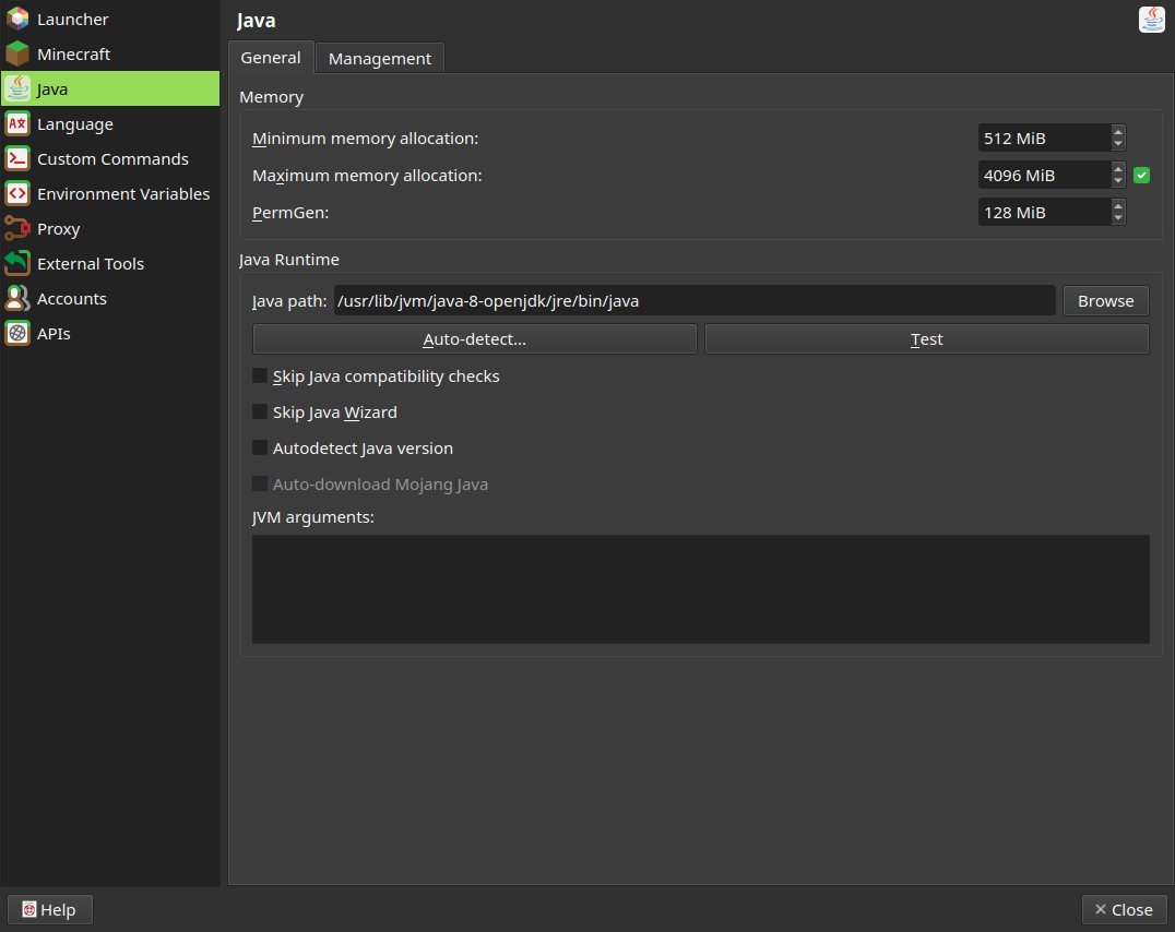 Java tab under Penguin Launcher settings