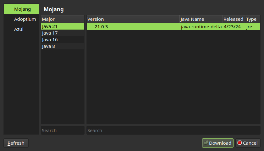 Java Download section of java tab under Penguin Launcher settings