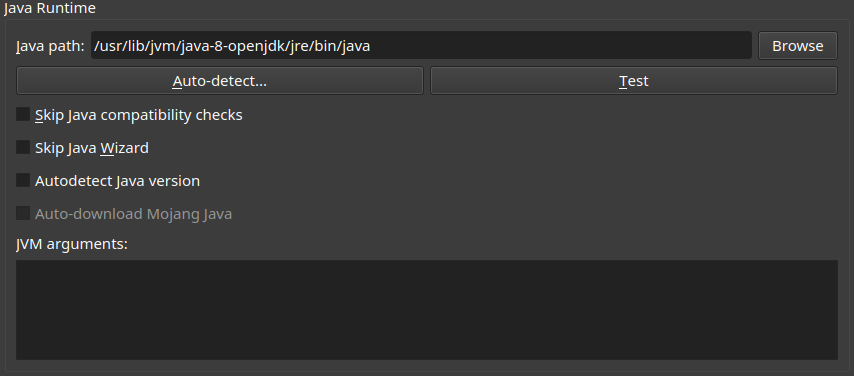 Java Runtime section of java tab under Penguin Launcher settings