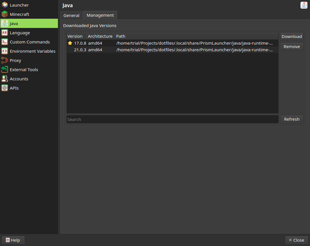 Java Management section of java tab under Penguin Launcher settings