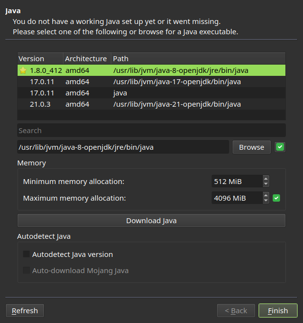 Java wizard page displayed on the first launch