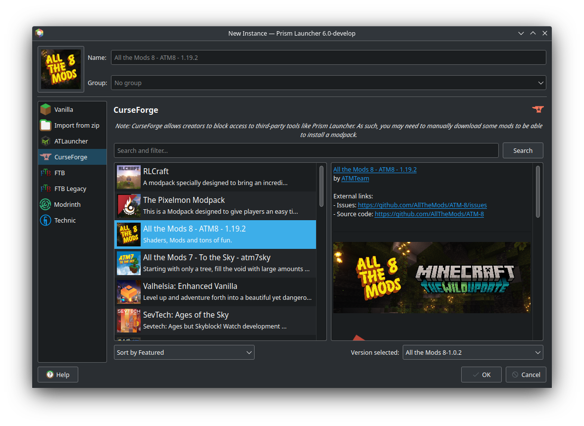 CurseForge tab under PenguinLauncher New Instances