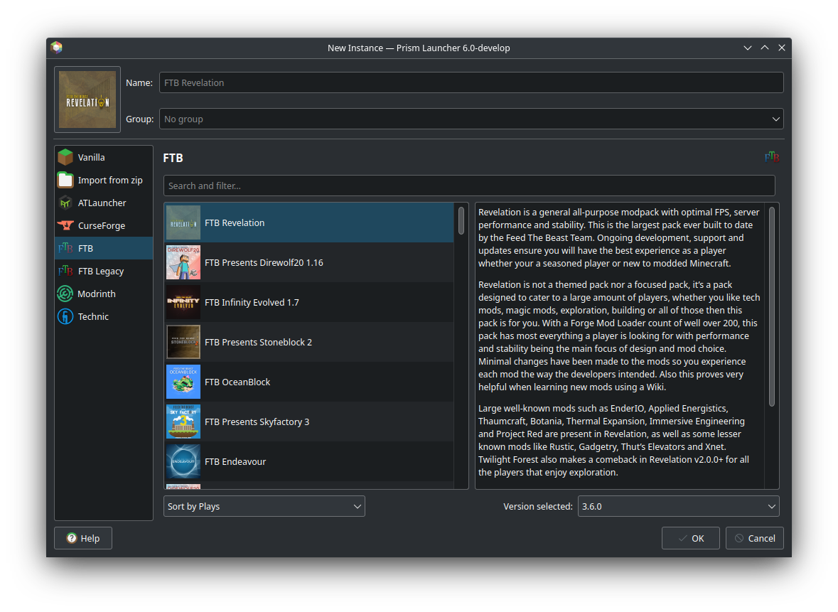 FTB tab under PenguinLauncher New Instances