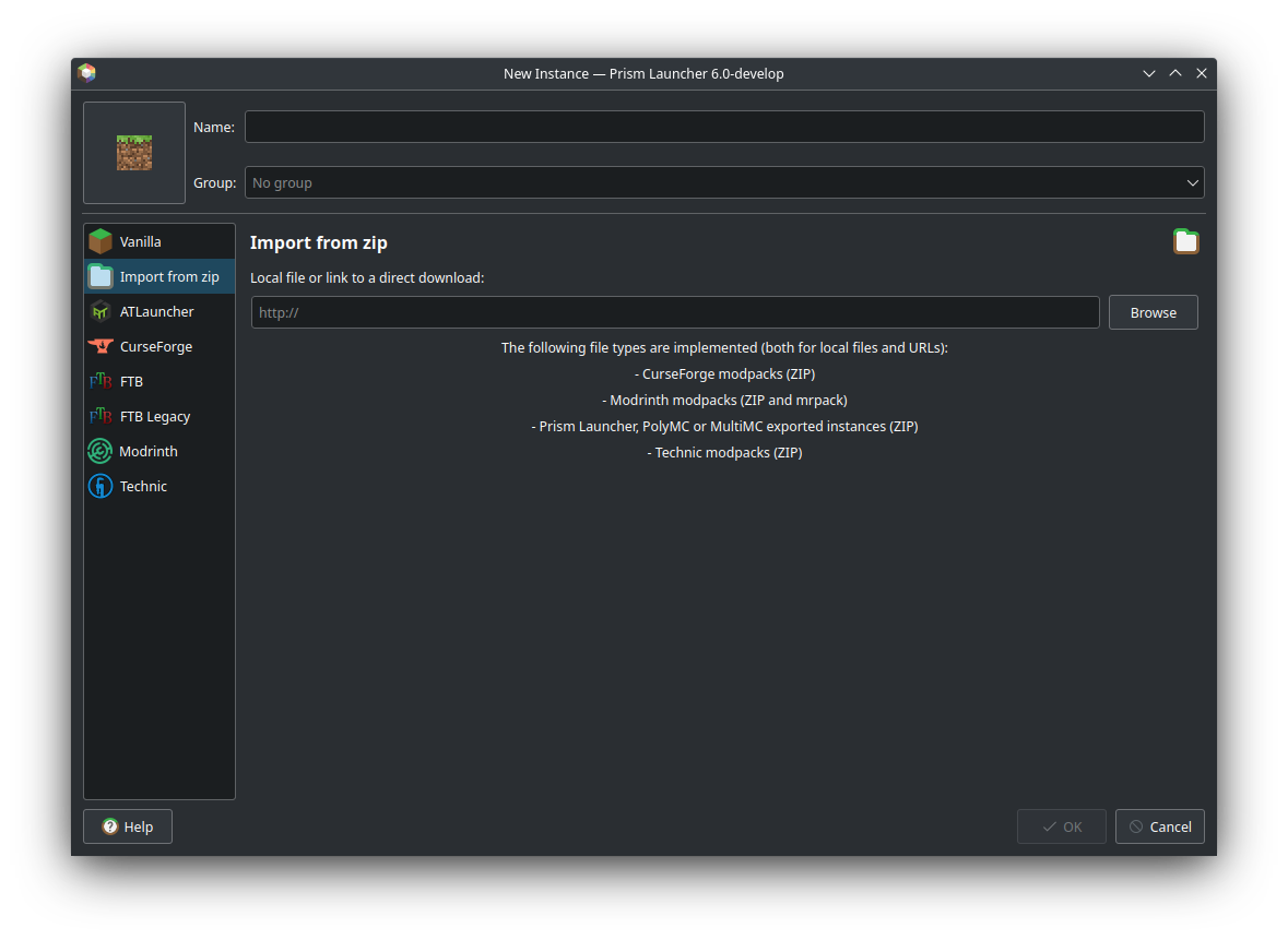 Import from zip tab under PenguinLauncher New Instances