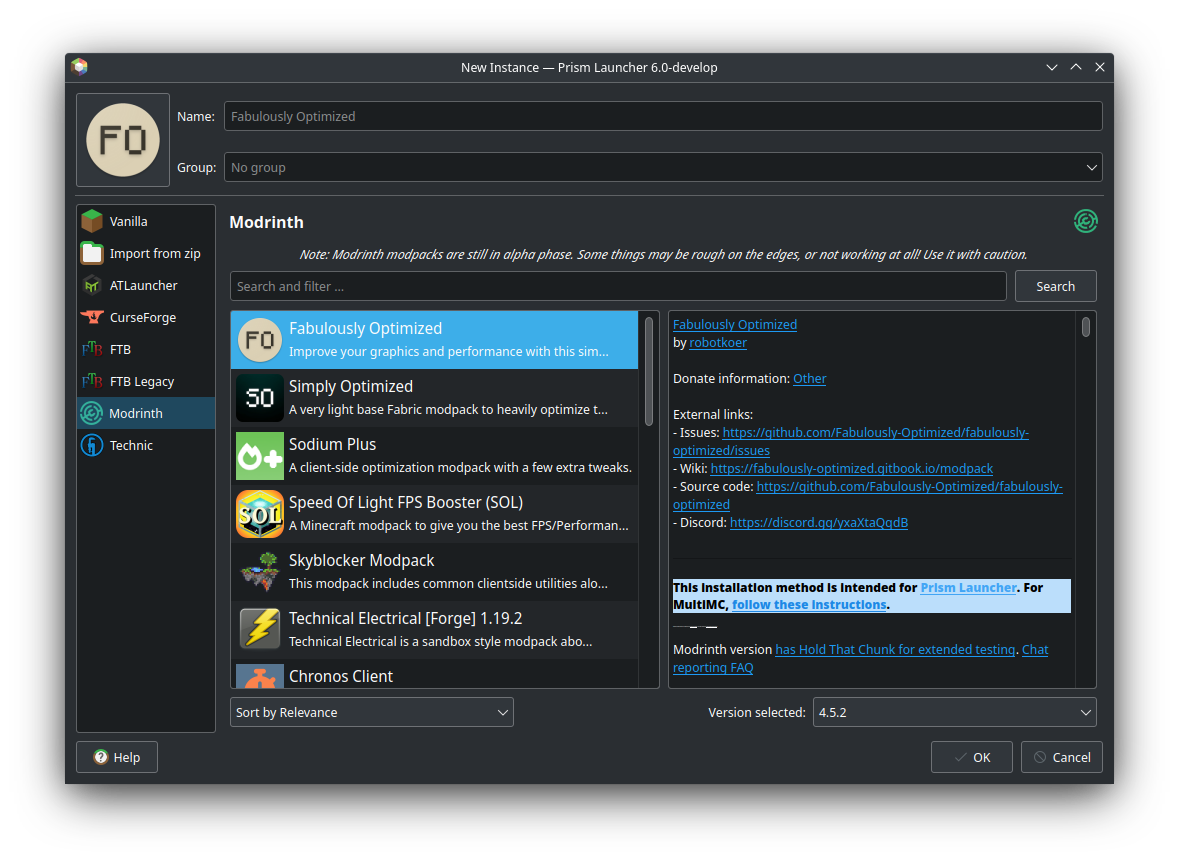 Modrinth tab under PenguinLauncher New Instances