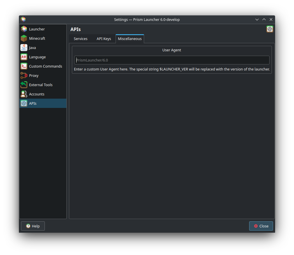 Miscellaneous tab under APIs tab in settings