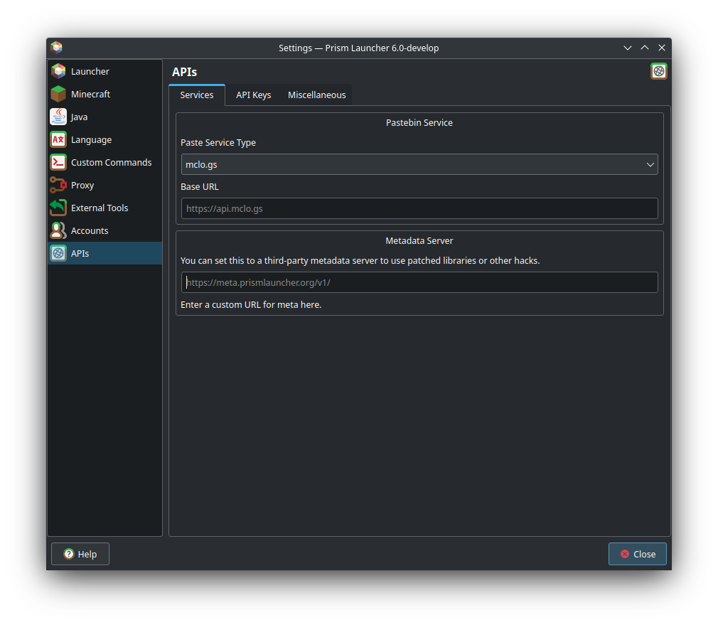 Services tab under APIs tab in settings