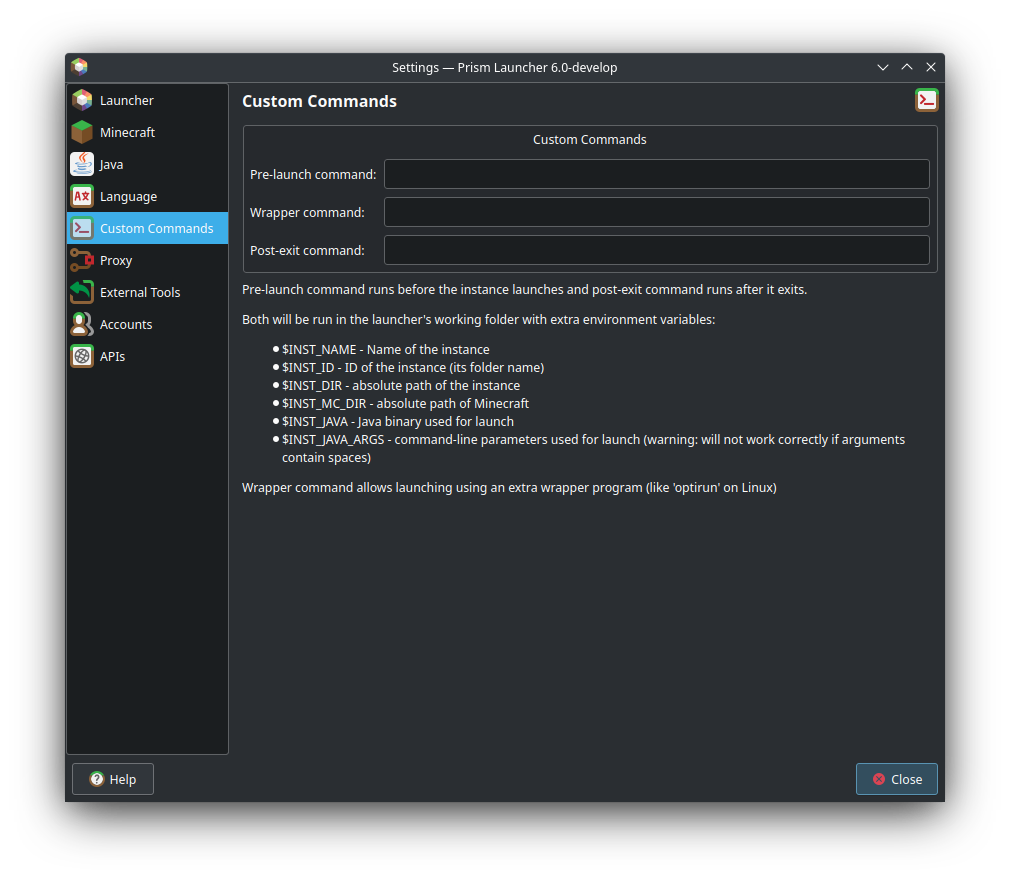 Custom Commands tab in settings