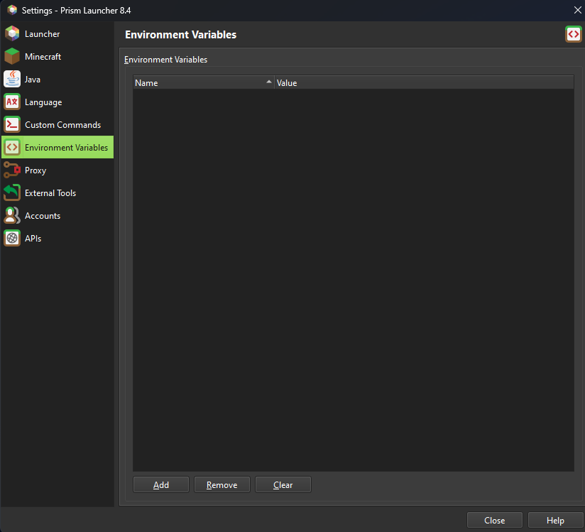 Custom Commands tab in settings