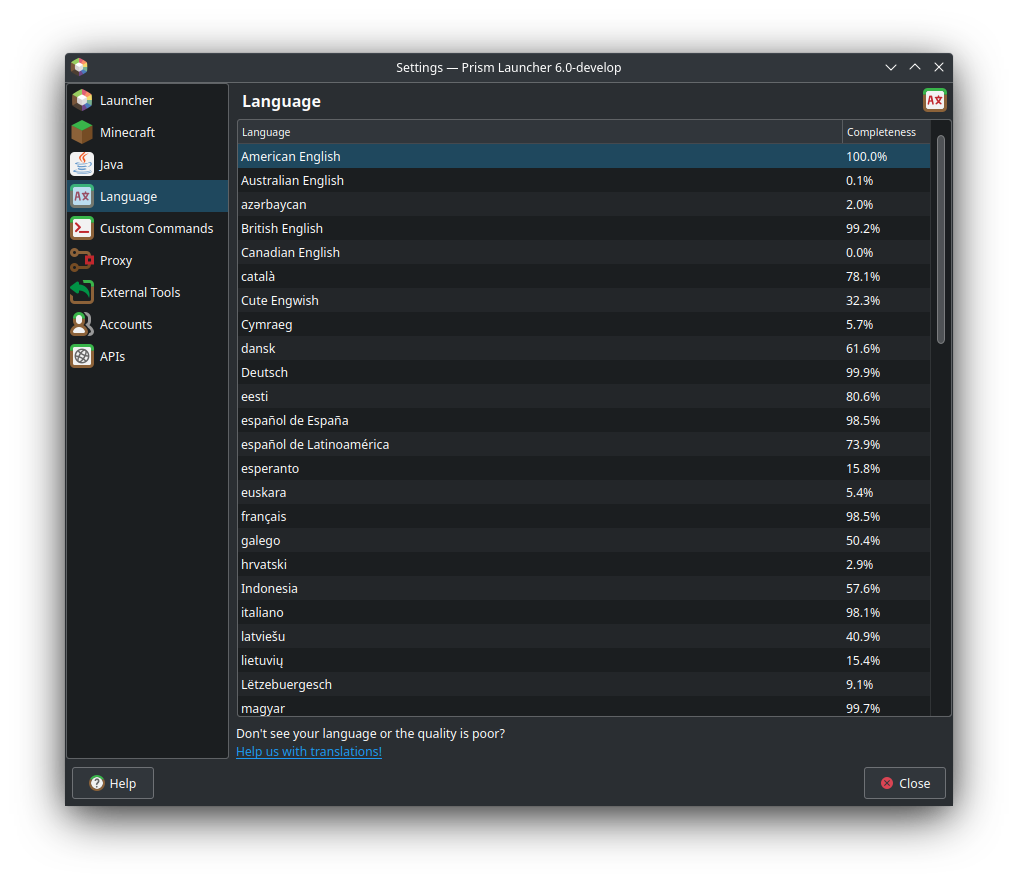 Language tab in settings