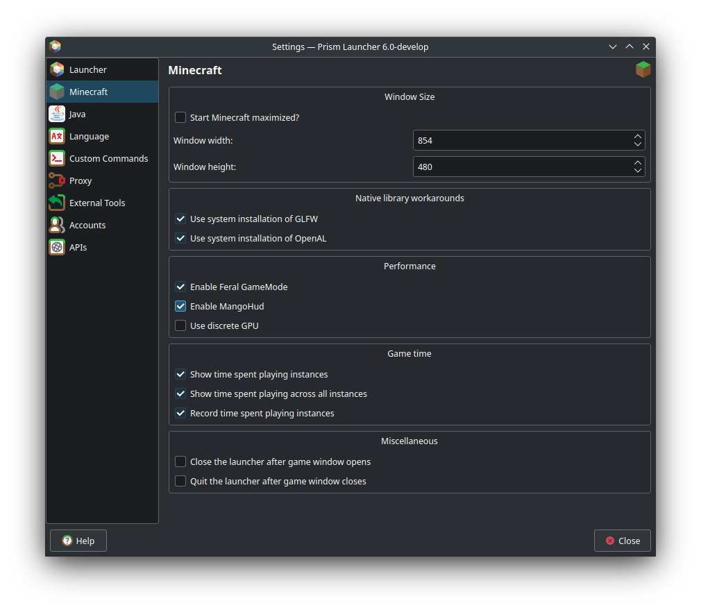 Minecraft tab under PenguinLauncher settings